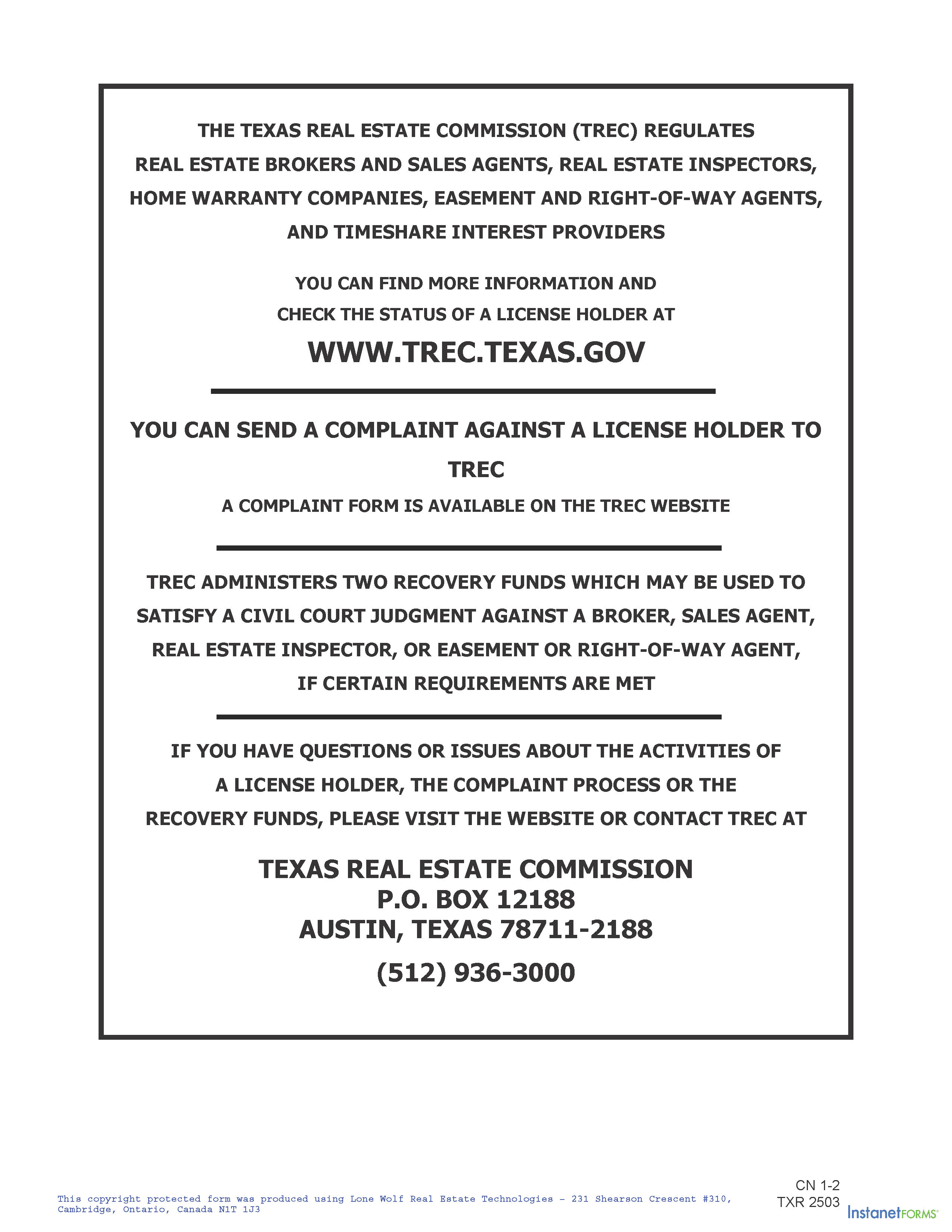 Texas Real Estate Commission Consumer Protection Notice